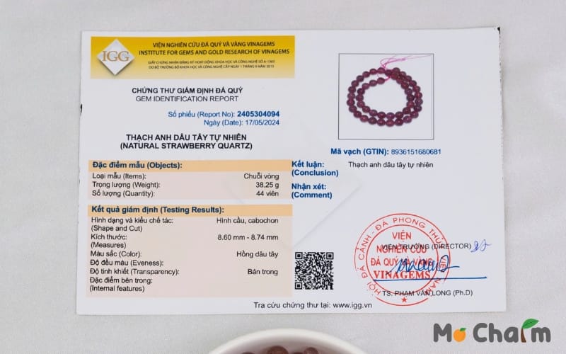 Chứng thư giám định đá thạch anh dây tây tự nhiên 