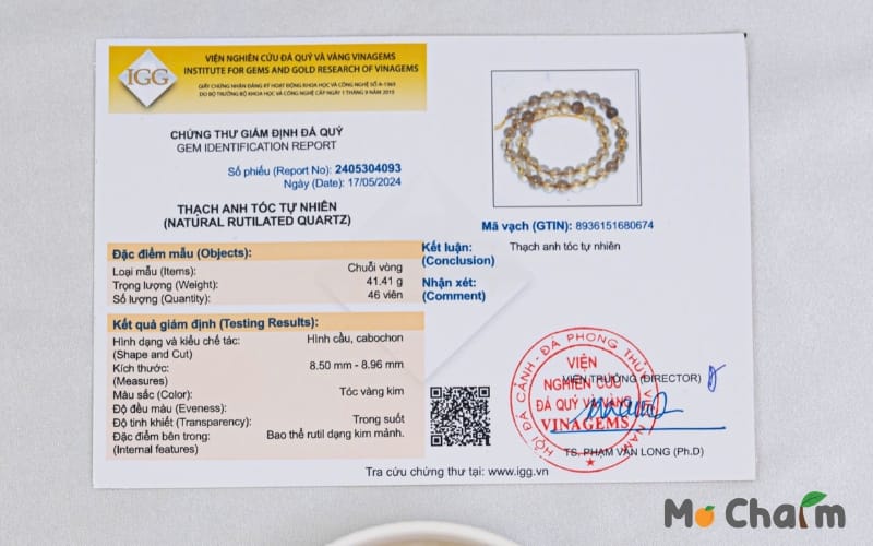Chứng thư giám định đá quý thạch anh tóc tự nhiên 